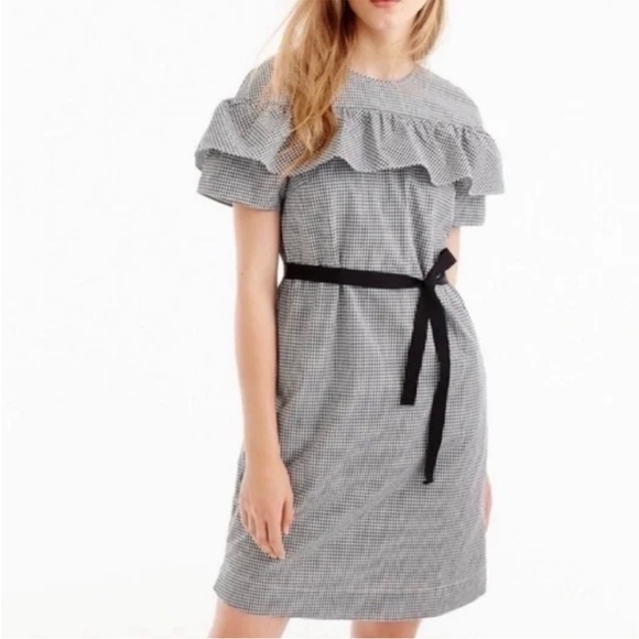 J. Crew Edie Micro Gingham Shift Dress Black White Checkered Ruffle Cotton 6P - Picture 3 of 11